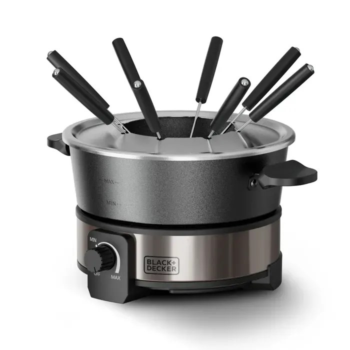 Black+Decker – Fondue 1000 W 2 L Thermostat 200°C 8 fourchettes Antiadhésive sans PFOA Poignée froide Lave-vaisselle