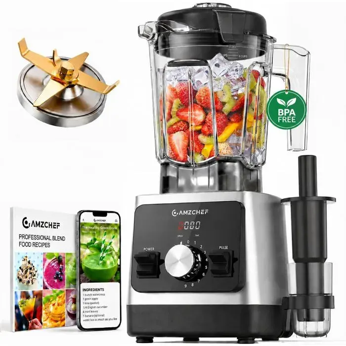 Blender 1800W haute performance bol 2L Tritan sans BPA 6 lames titane smoothies et glace pilée noir/argent