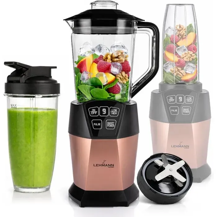 Blender 2-en-1 1000W bol 15L + gobelet 800 ml 4 programmes lames inox or rose sans BPA