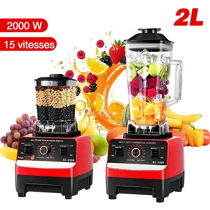 Blender 2 en 1 - 15 vitesses - 2000 W - 2 L - Avec 8 lames en acier inoxydable - double tasse - Pour mixer hacher