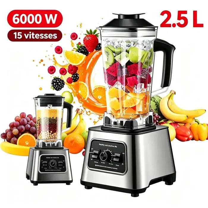 Blender 2 en 1 - 6000W - 2.5L Blender Mixeur - 15 Vitesses - 2700RPM - lames en acier inoxy -Robot mixeur multifonction -Sans BPA