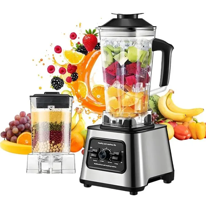 Blender 2 en 1 - Avec 4 lames en acier inoxydable - 9 vitesses - 6000 W - Blender multifonction - 2L+0.5L - Pour hacher et moudre