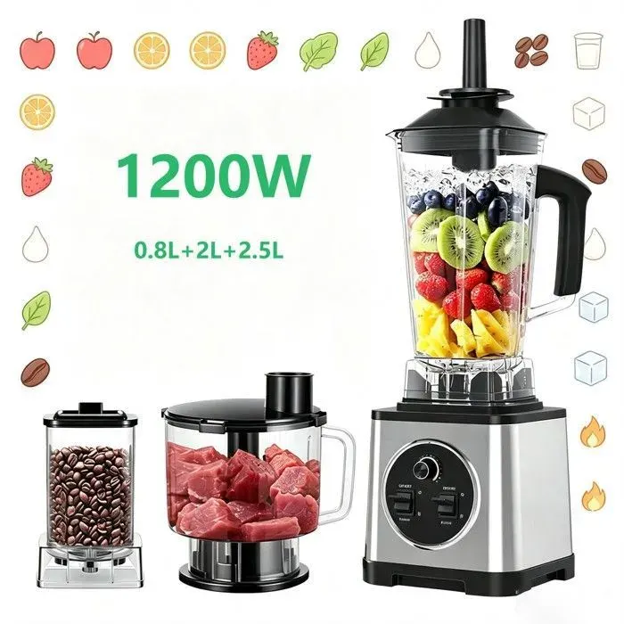 Blender 3-en-1 1200W Cuves 2.5L+2L+0.8L 15 Vitesses Lames Inox & Socle ABS Bouchon Étanche Pour Glace & Smoothies