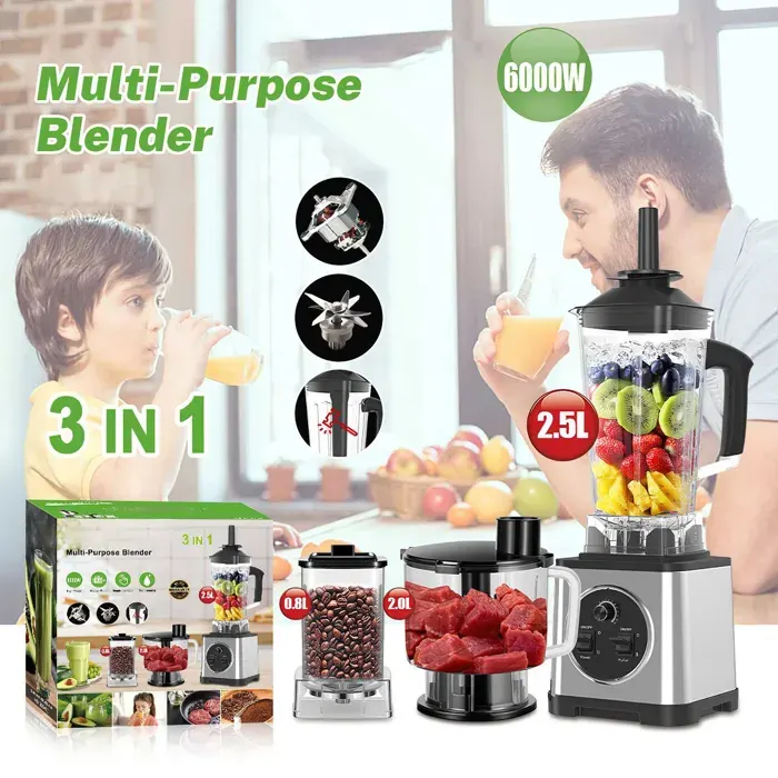 Blender 3 en 1 - Mixeur 6000W - 2.5L+2L+0.8L - 15 Vitesses - Lames en acier inoxy - Sans BPA - Blender smoothie - robot culinaire