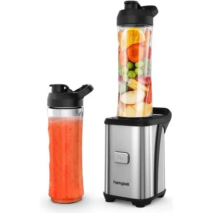 Blender Homgeek Mini Blender 350W - Smoothie et Milkshake - 2 Bouteilles Portables - Gris