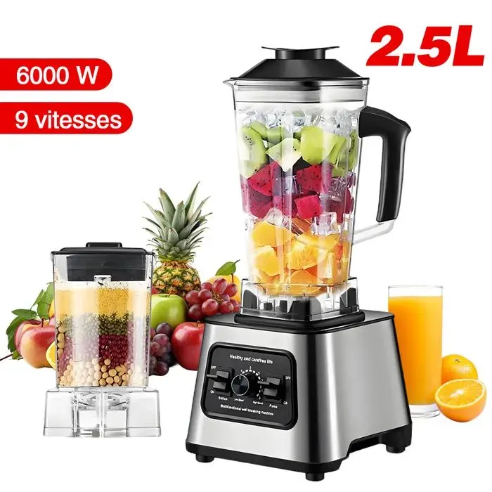 Blender multifonction professionnel 2 en 1 - 6000 W - 9 vitesses - 25 L - 4 lames en acier inoxydable - Robot culinaire - 2700RPM