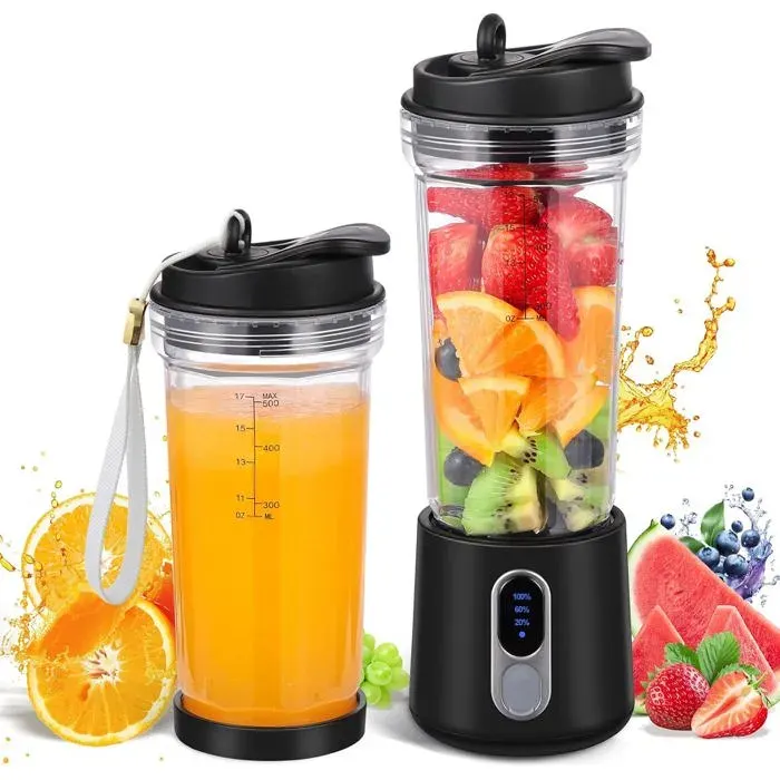 Blender Portable 500 ml Mini Mixeur 300 W 4 Lames USB-C Rechargeable Smoothies Milk-Shakes Fruits Paille et Couvercle Voyage — coloris Noire