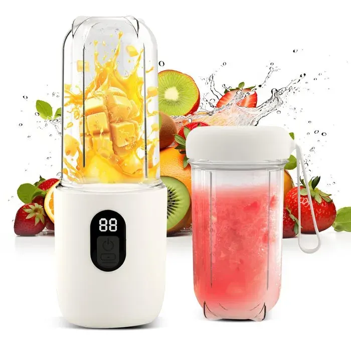 Blender Portable Presse-Agrumes éLectrique Portable Avec Affichage NuméRiqueTêTe De Coupe En Acier Inoxydable à 16 Lames - Blanc
