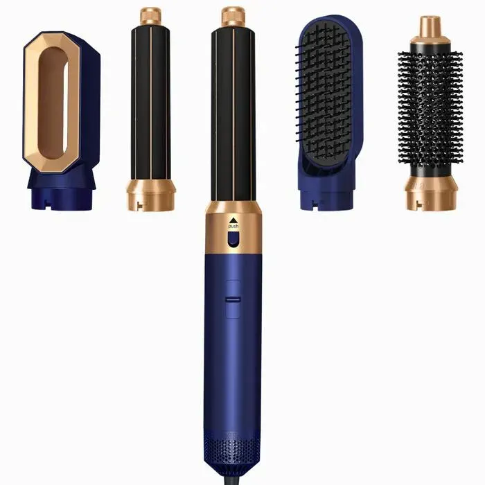 Bleu Brosse soufflante 5 en 1 boucleur à air 360° ions négatifs 3 températures têtes interchangeables