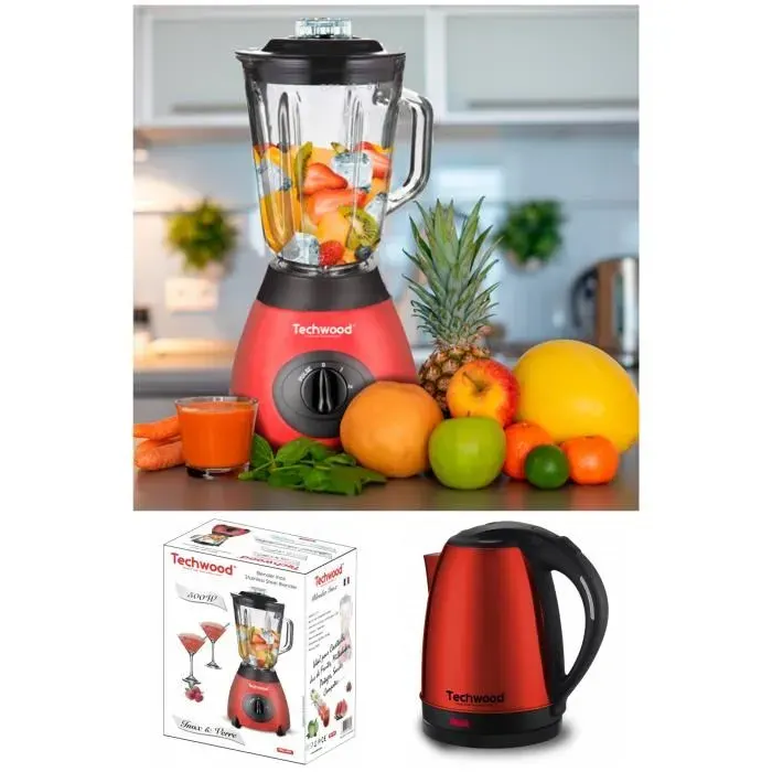 Bol mixeur blender - INOX - Rouge - 500W - 15L - 2 Vitesses + Bouilloire INOX 18L