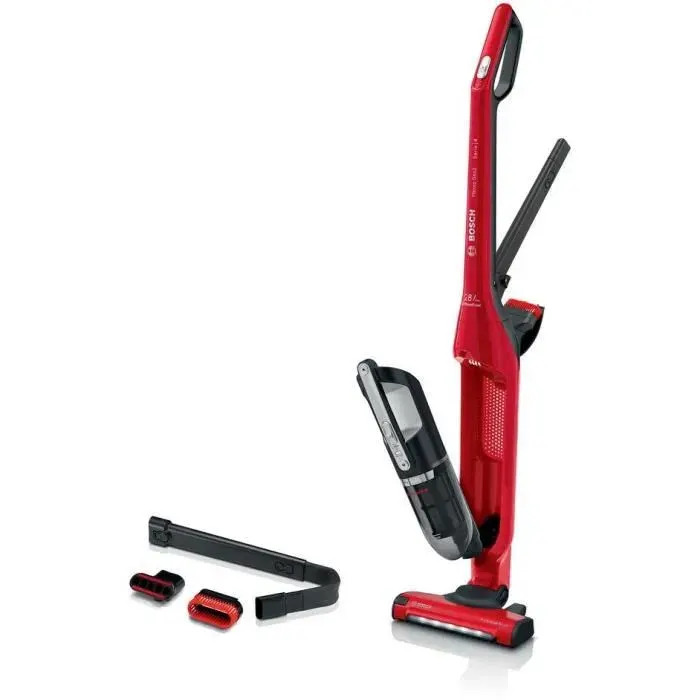 BOSCH BBH3ZOO28 Aspirateur balai sans fil 2en1 et multifonction Flexxo Zooo - 2 vitesses - 28 V - 55 mn dautonomie - Rouge