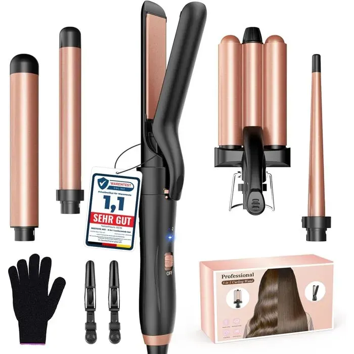 Boucleur 3 têtes 5 en 1 lisseur + ondulations céramique antistatique chauffe rapide finition rose gold