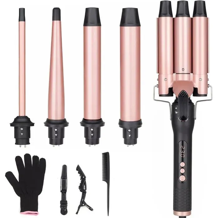 Boucleur 3 têtes + kit 4 embouts interchangeables 9–32 mm écran LCD chauffage rapide vagues beach waves avec gant