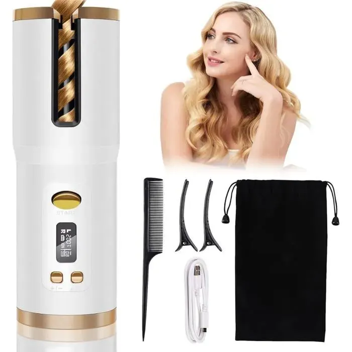 Boucleur à Cheveux Automatique Fer à Boucler Sans Fil Bigoudis Cheveux à Ions Négatifs avec 6 Réglages de Température(Blanc)