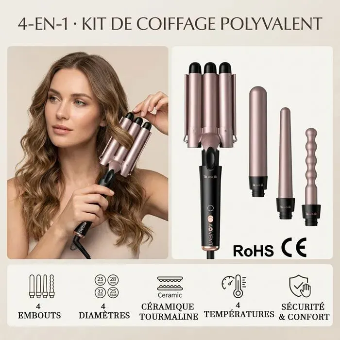 Boucleur Cheveux 4 en 1 Têtes Interchangeables - Fer à Boucler Onduler Céramique Ionique - 4 Températures 160-230°C - AOVEMT