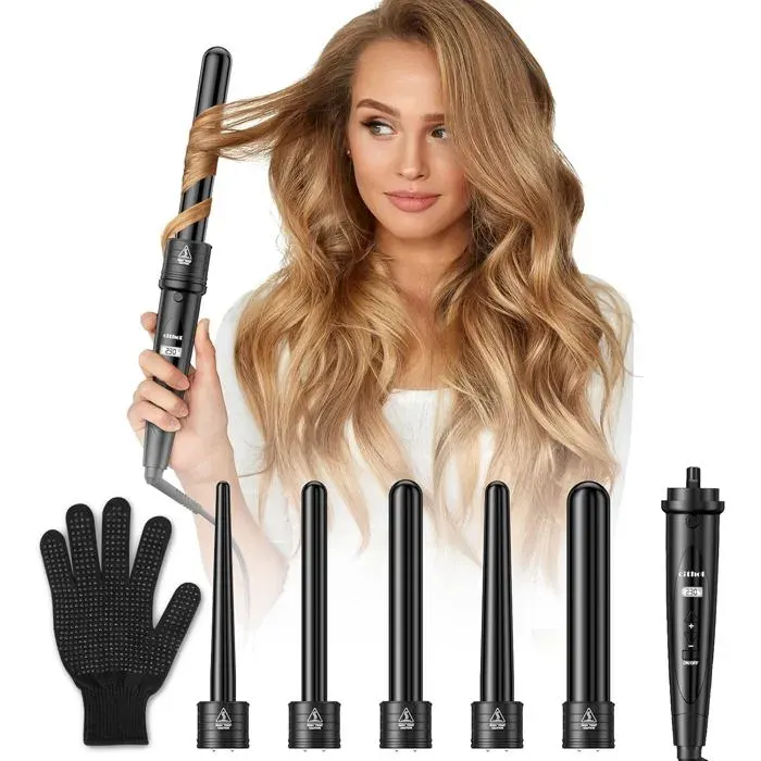 Boucleur cheveux 5 en 1 - Céramique et tourmaline - Température réglable 80-230°C - Écran LCD — coloris Noire
