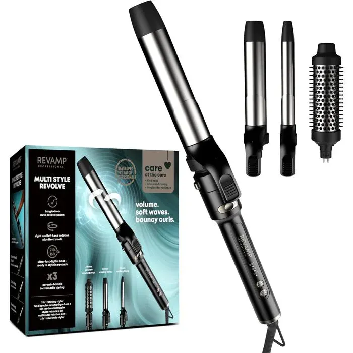 Boucleur rotatif 3 en 1 multi-style brosse 38 mm + tiges 19/32 mm volume ondulations et boucles rebondies — coloris Noire