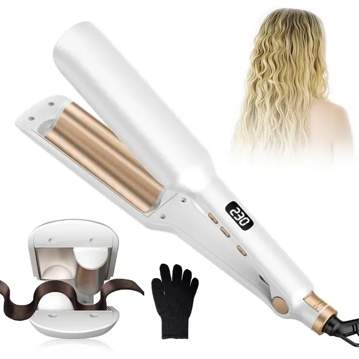 Boucleur wavy pro léger 12 températures 120–230°C anti-brûlure compact finition or blanc