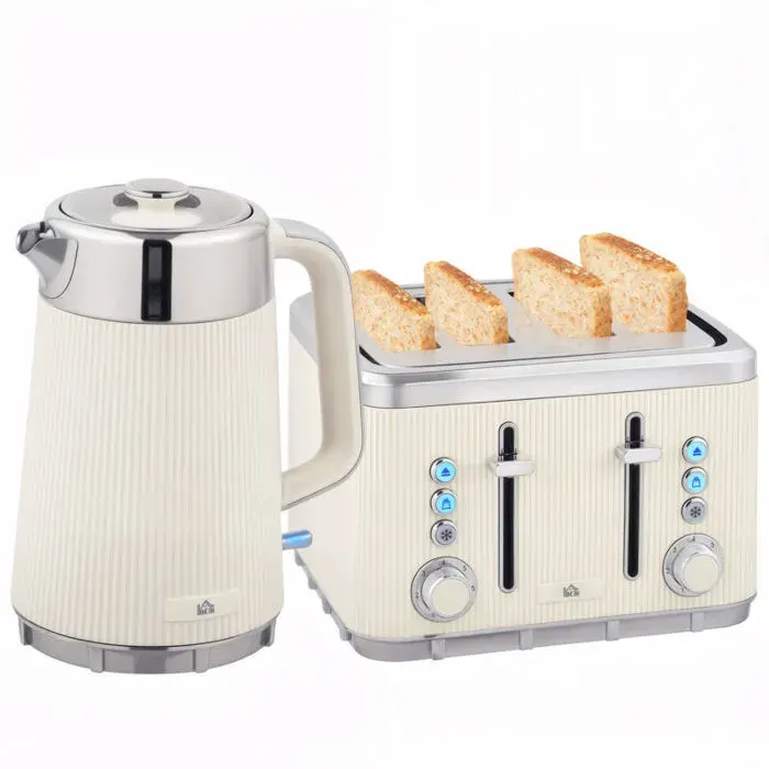 Bouilloire 2200 W 17 L filtre anticalcaire et grille-pain 4 tranches à 7 niveaux de brunissage blanc crème