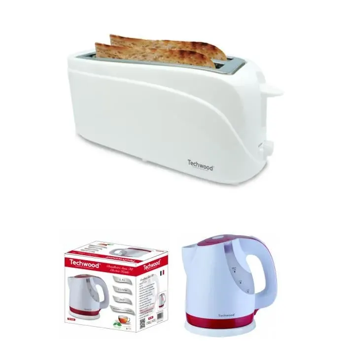 BOUILLOIRE BLANCHE ROUGE 16 Litre 2200W Sans Fil Design + GRILL PAIN BLANC 2 longues et larges fentes 1300W