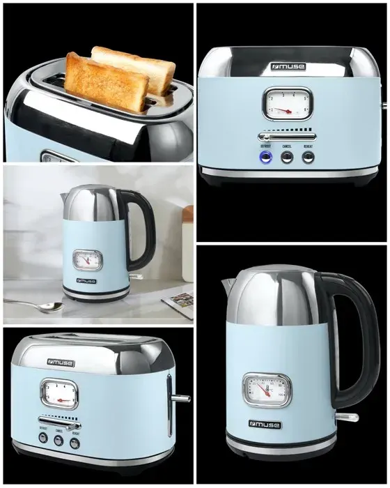 Bouilloire Bleu pastel Rétro Vintage 2200W + GRILLE-PAIN RETRO VINTAGE bleu DESIGN 2 TRANCHES 1000W COULEUR Bleu pastel