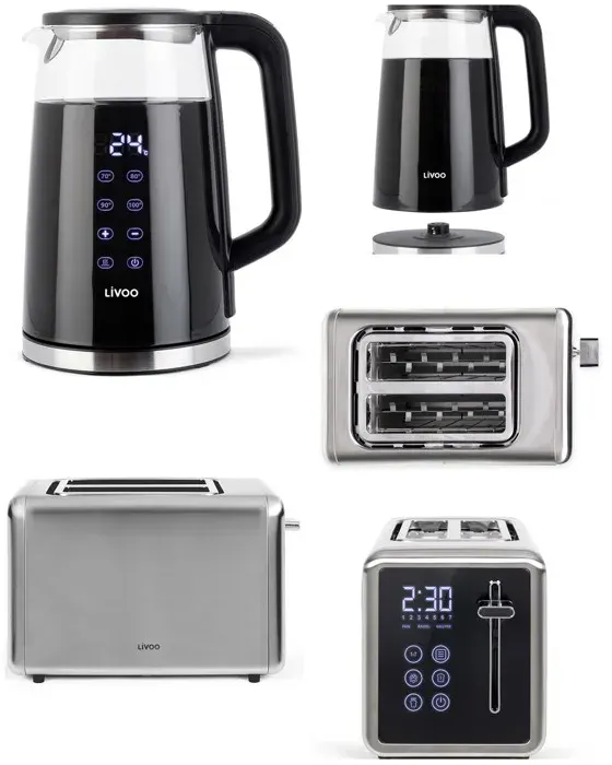 Bouilloire digitale 1.7L - LIVOO - 2200W - Verre borosilicate - Grille-pain inox 850W - Tactile