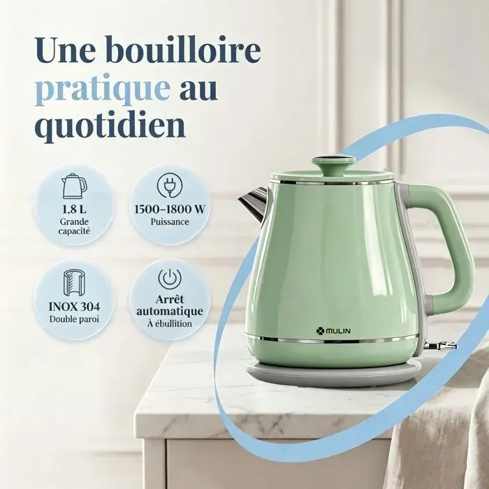 Bouilloire Électrique 18L 1800W - Inox 304 Double Paroi Isolante - Arrêt Automatique Protection Anti-Surchauffe - Sans Fil - MULIN