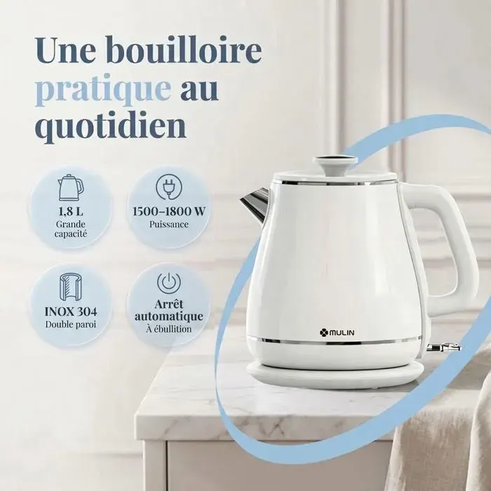 Bouilloire Électrique 18L 1800W - Inox 304 Double Paroi Isolante - Arrêt Automatique Protection Anti-Surchauffe - Sans Fil - MULIN