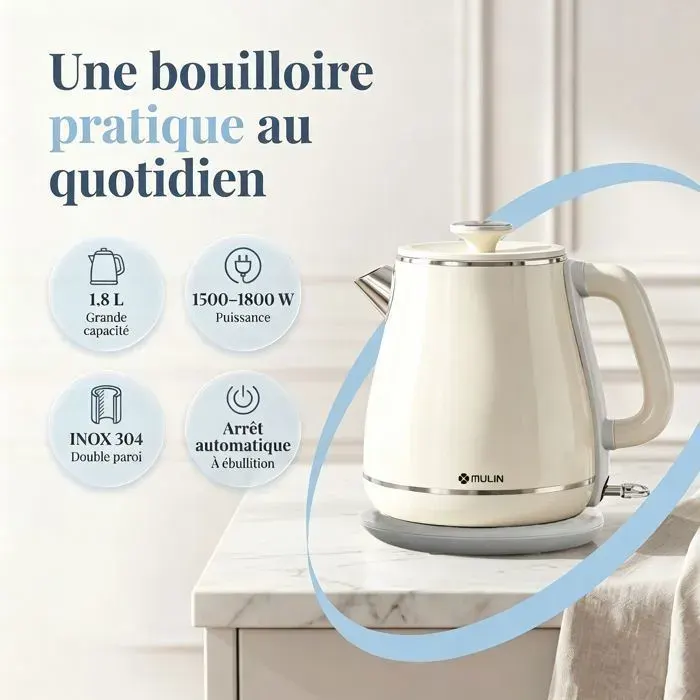 Bouilloire Électrique 18L 1800W - Inox 304 Double Paroi Isolante - Arrêt Automatique Protection Anti-Surchauffe - Sans Fil - MULIN