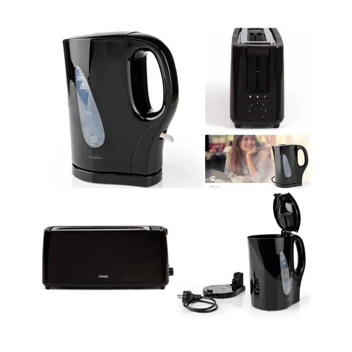 Bouilloire électrique 2200W Noir sans fil 17L + GRILLE-PAIN NOIR DESIGN large fente 900W
