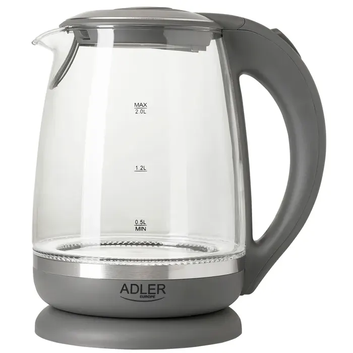 Bouilloire Électrique en Verre 2 Litre Intérieur Éclairé sans Fil Adler AD1286 2200W Gris