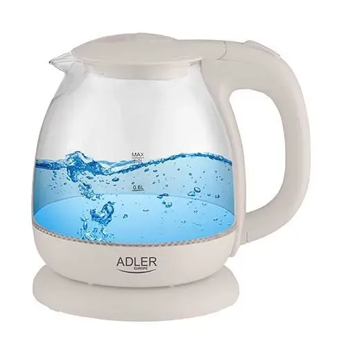 Bouilloire électrique en verre - ADLER - 1 litre - 900-1100W - Base rotative 360° - Fond plat — coloris Blanche
