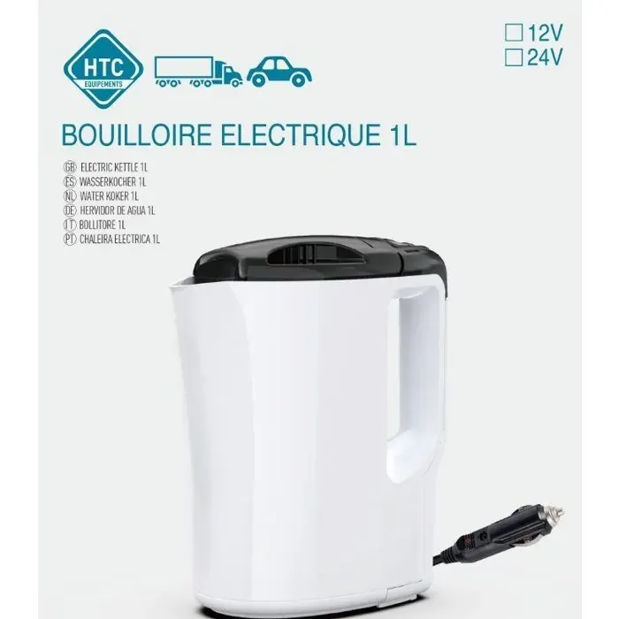 Bouilloire électrique HTC EQUIPEMENTS - 1 L - 12V 170W - Blanc et noir - Avec cordon allume cigare 060 m