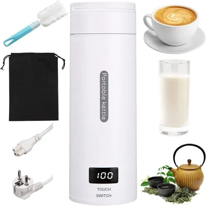 Bouilloire électrique portable 500ML – Acier inoxydable 304 – 4 températures réglables 45/60/80/100°C – Arrêt automatique – Tasse de
