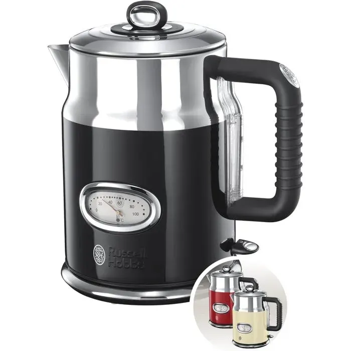 Bouilloire électrique pour Russell Hobbs rétro noire 17 L – 2400 W ébullition rapide jauge température vintage 3 niveaux tasse