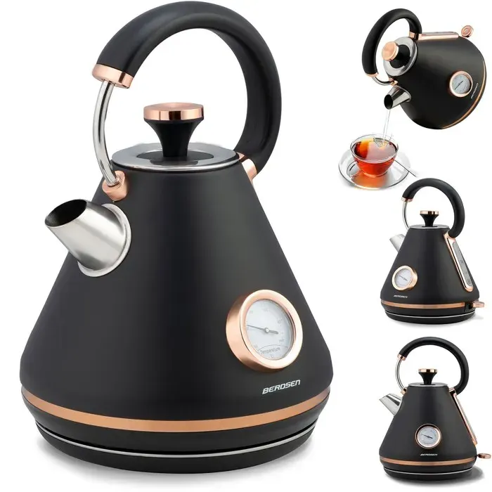 Bouilloire électrique rétro - JANSHOP - 17L - Thermomètre intégré - Noir - Couvercle amovible - Base pivotante 360°