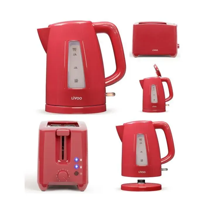 Bouilloire électrique ROUGE 2200W sans fil 17L + Grille-pain ROUGE 2 fentes rouge 7 fonctions avec témoins LED