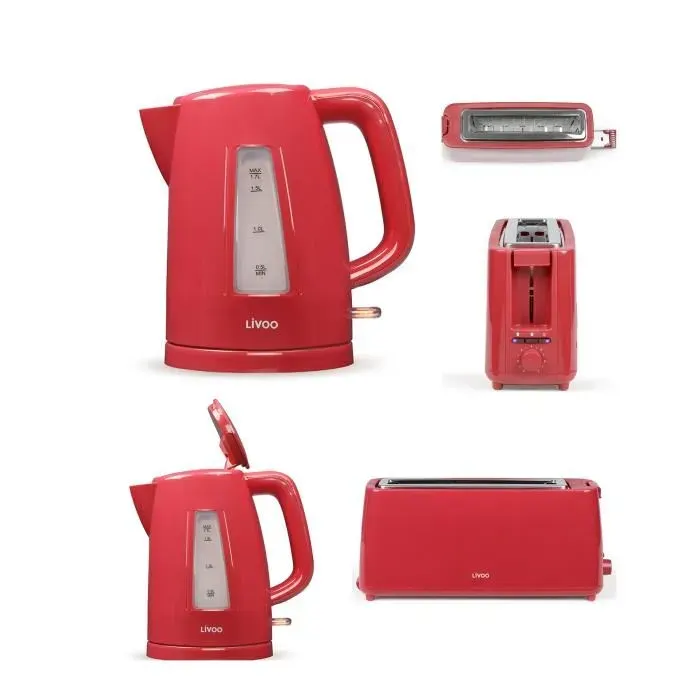 Bouilloire électrique ROUGE 2200W sans fil 17L + Grille-pain ROUGE 900W Large fentes rouge 3 fonctions avec témoins LED