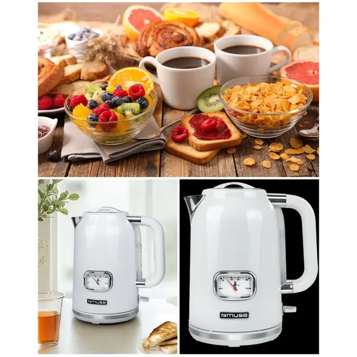 Bouilloire Électrique - Vintage - 1.7L - 2200W - Acier Inoxydable - Sans Fil Blanc et Doré