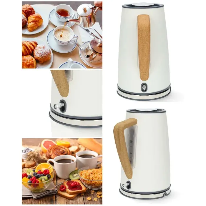 Bouilloire électrique Vintage Blanche 1.7 L – 2200 W – Acier inoxydable effet bois – Sans fil base 360° - Sécurité anti-surchauffe