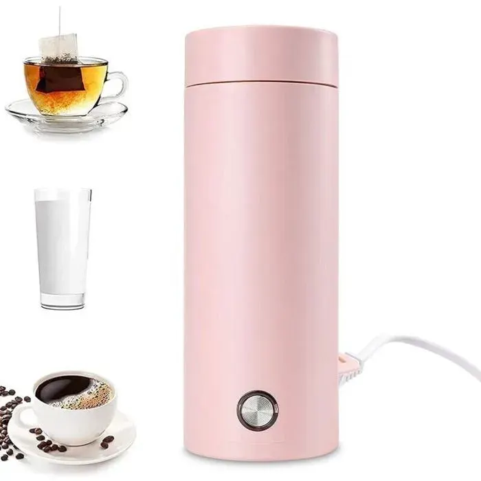 Bouilloire électrique voyage 3-en-1 – Acier inox 400ml chauffe rapide anti-brûlure – pour bureau camping – Rose