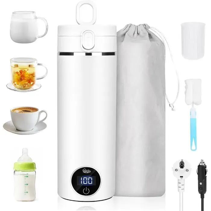 Bouilloire Électrique Voyage 500ml Mini Bouilloire Inox 316 avec Arrêt Automatique Protection à Sec Café Thé Voiture 12V