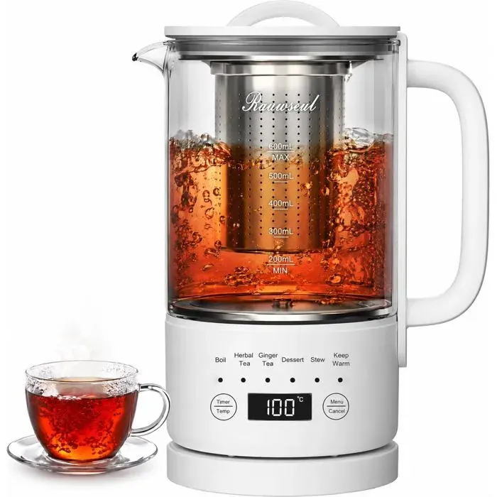Bouilloire en Verre 06L500W Contrôle TempératureTouche Minuterie 24hSans BPApour Thé et CaféCompact pour Bureau et Maison