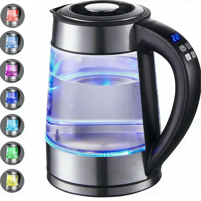 Bouilloire en verre 2200W 1.7L Température Réglable Fonction maintien au chaud éclairage LED 7 couleurs Sans BPA