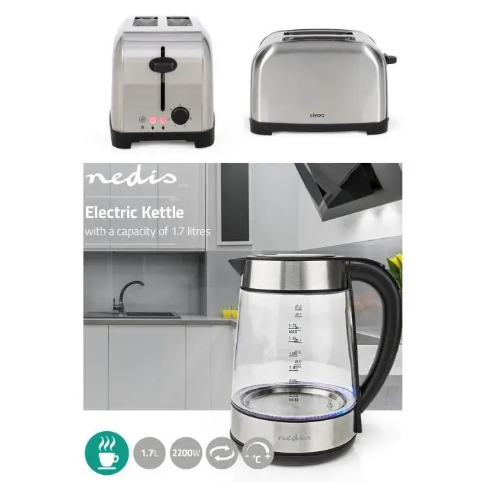 Bouilloire Inox en Verre 17L Sans Fil 2200W + Grille-pain Inox 2 Fentes 850W 3 fonctions avec témoins LED