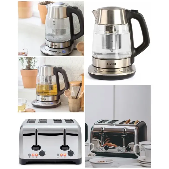 Bouilloire Inox Verre - LIVOO - 17 L - 2200 W - Écran LCD - Grille-pain 4 fentes