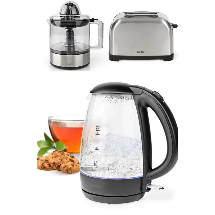 Bouilloire Noire en Verre 17L Sans Fil 360° 2200W Arrêt automatique + Grille-pain Inox 2 Fentes 850W 3 fonctions avec témoins LED