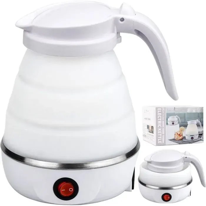 Bouilloire Pliable 0.6L Bouilloire de Voyage en Silicone Bouilloire Électrique Pliable Mini Bouilloire Portable avec Fond en Acie