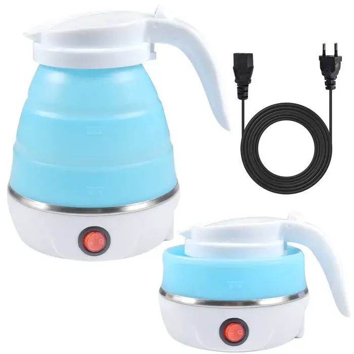 Bouilloire pliable 600 ml Bouilloire électrique en silicone avec fond en acier inoxydable Mini bouilloire de voyage portable-Bleu