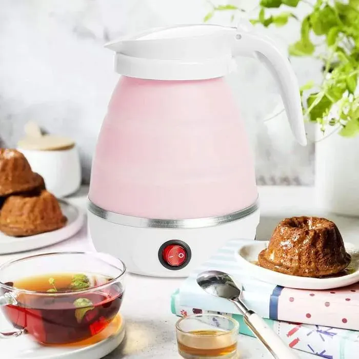 Bouilloire portable de Camping 600ML Bouilloire pliable Mini bouilloire électrique en silicone pour le camping -rose